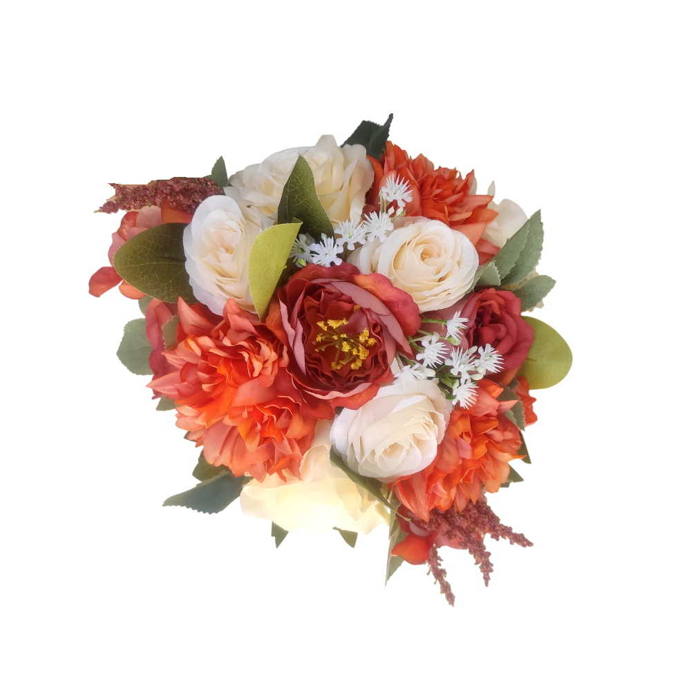 buque de noiva permanente bn138 - (3) Buquê de noiva permanente realista com dálias e rosas. Buquê laranja queimado.