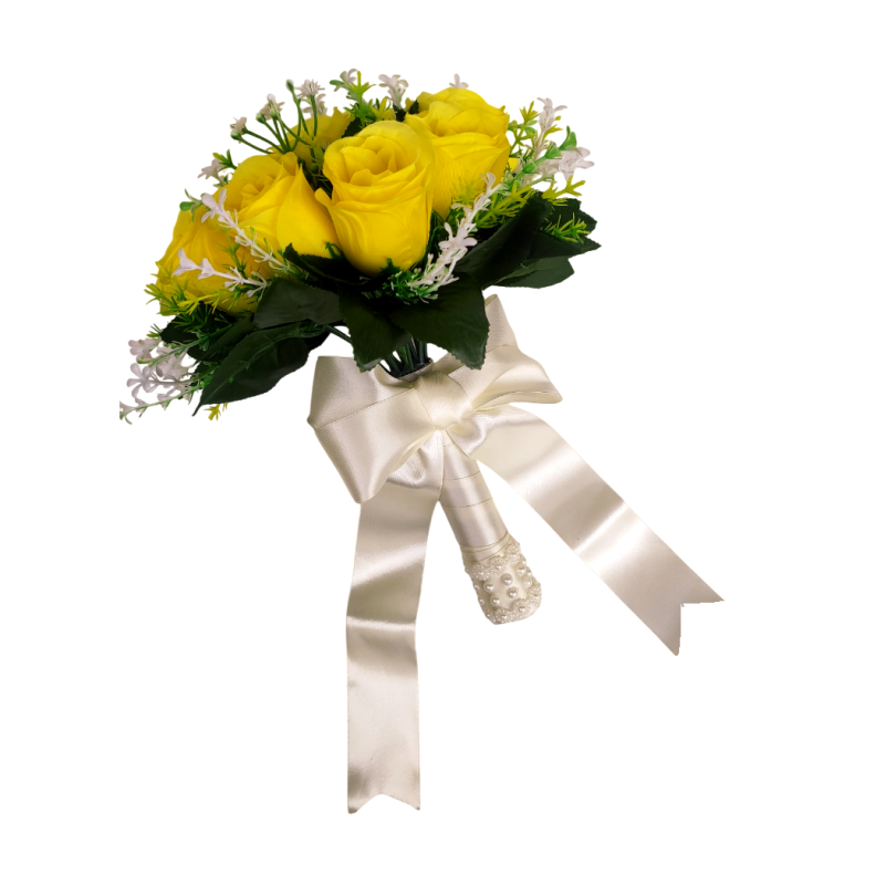 buque de rosas amarelo bn115 - 2 Buquê de noiva médio rosas amarelas permanentes realistas civil religioso