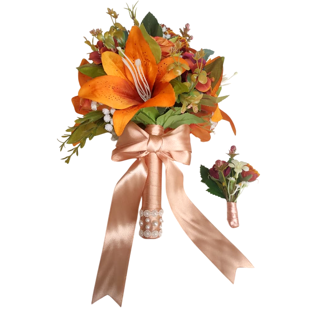 buque e flor de lapela terracota bn148 (1) Kit buquê de noiva permanente laranja terracota com flor de lapela para noivo