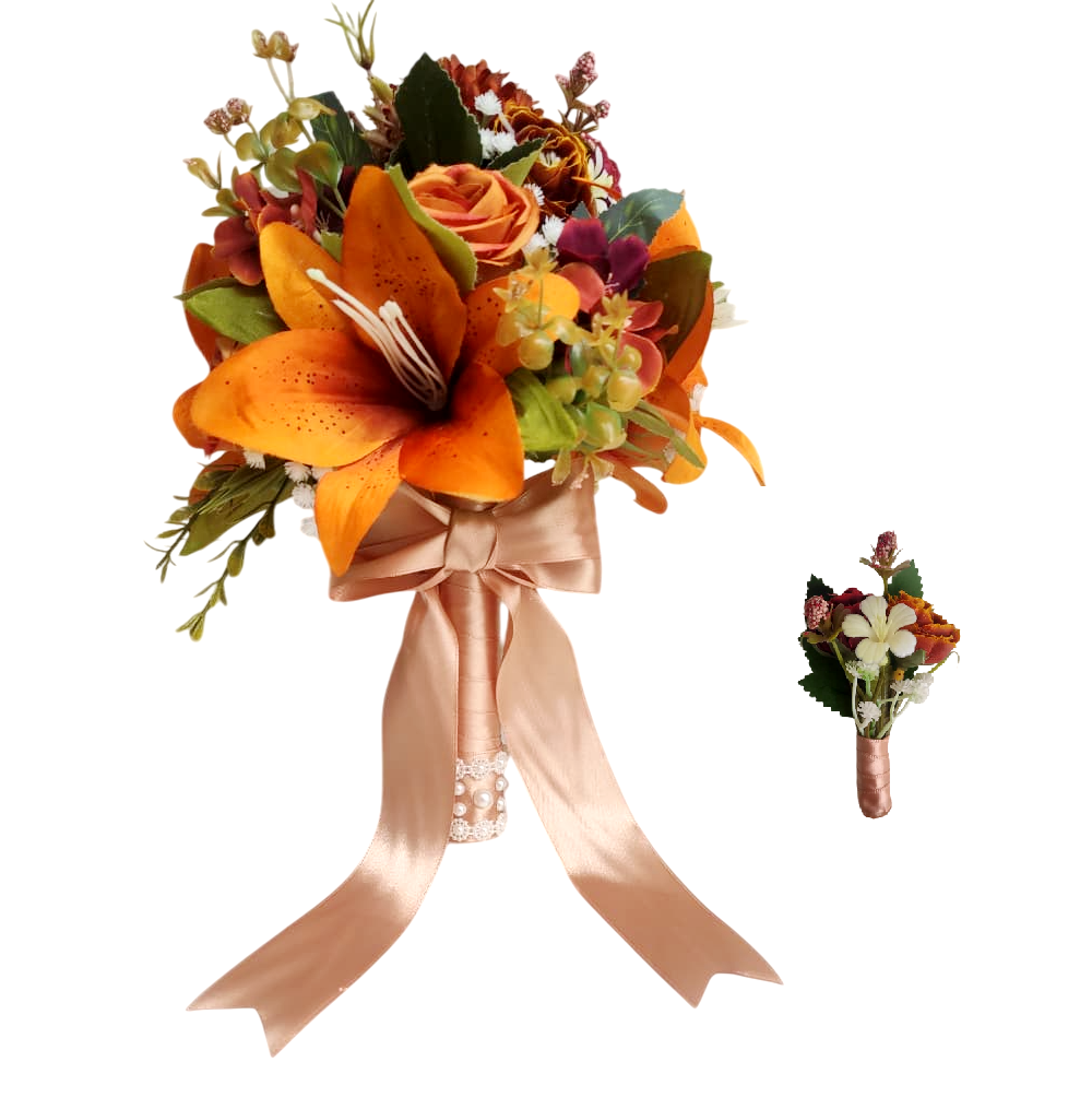 buque e flor de lapela terracota bn148 (4) Kit buquê de noiva permanente laranja terracota com flor de lapela para noivo