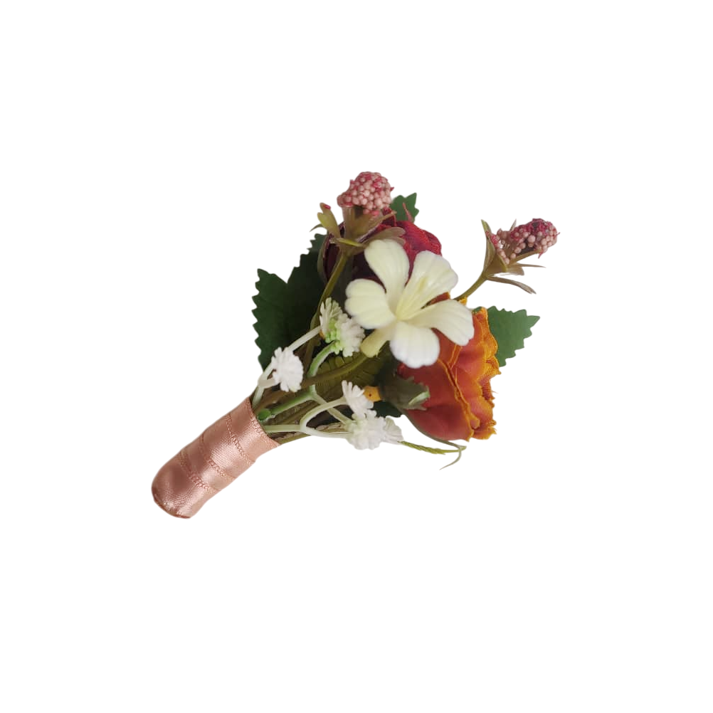 buque e flor de lapela terracota bn148 (5) Kit buquê de noiva permanente laranja terracota com flor de lapela para noivo
