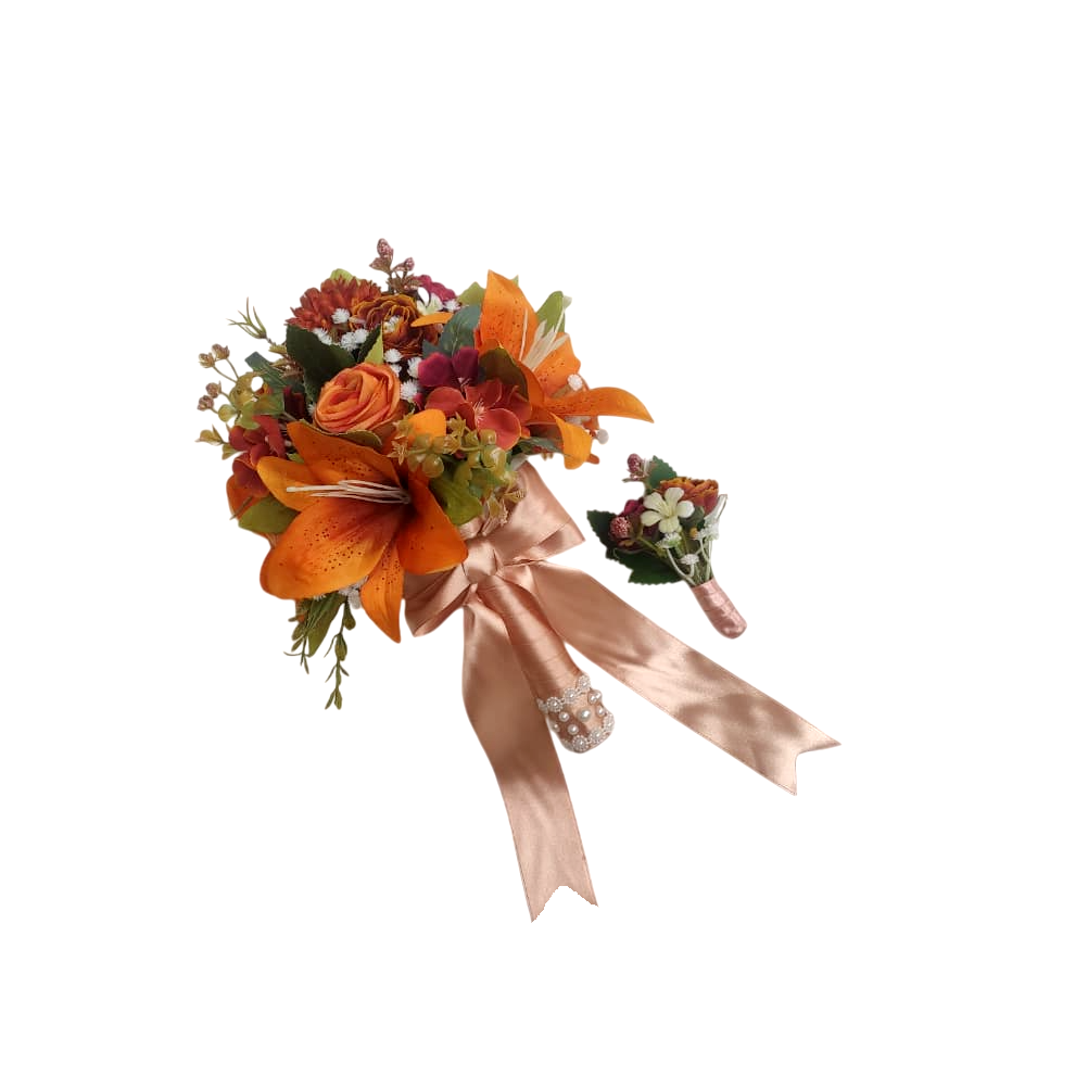 buque e flor de lapela terracota bn148 (6) Kit buquê de noiva permanente laranja terracota com flor de lapela para noivo