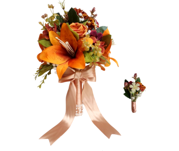 Kit buquê de noiva permanente laranja terracota com flor de lapela para noivo