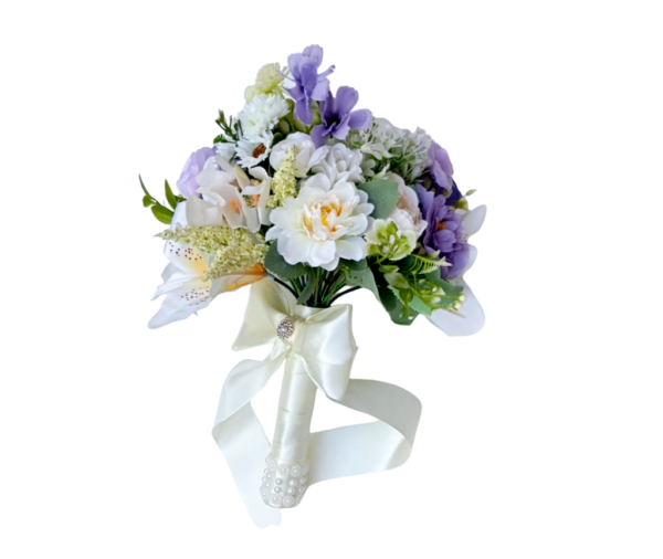 Buquê de noiva permanente lilás e branco realista