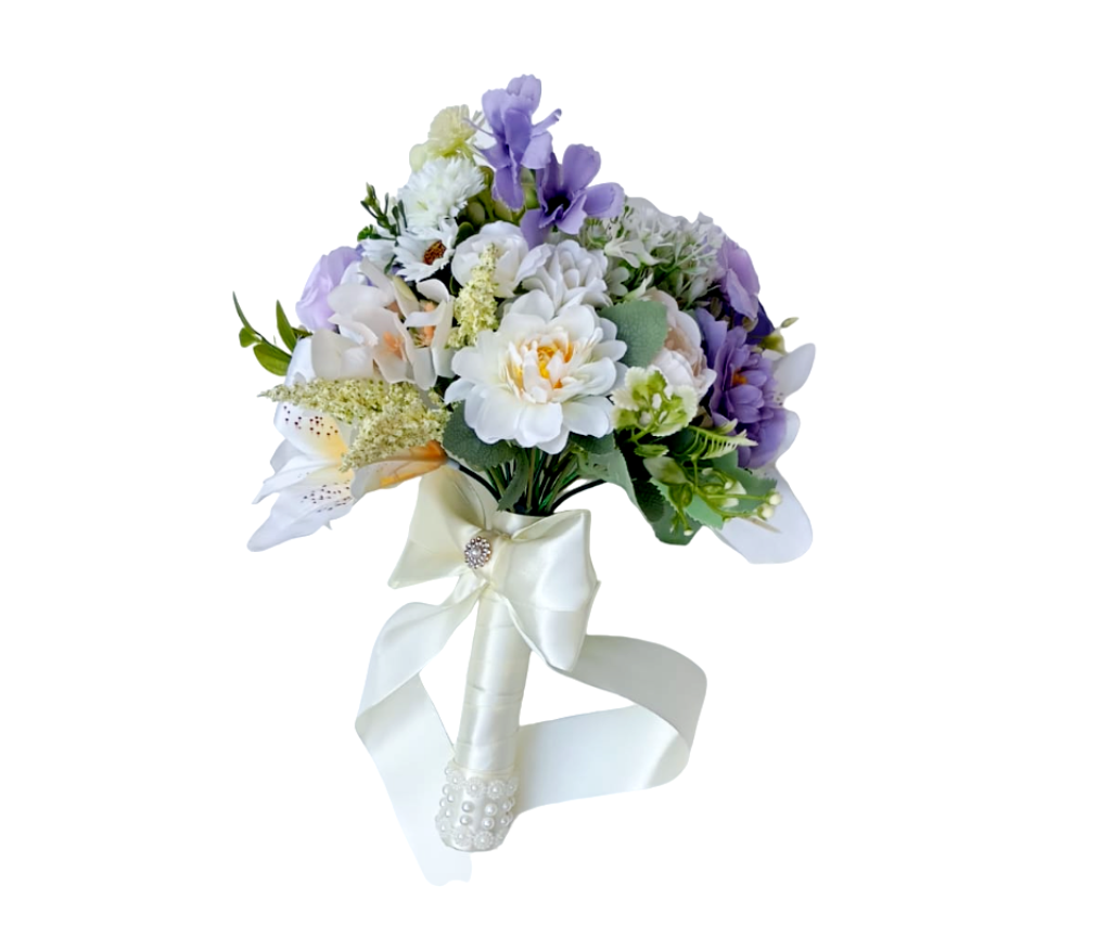 buque lilás bn111 Buquê de noiva permanente lilás e branco realista