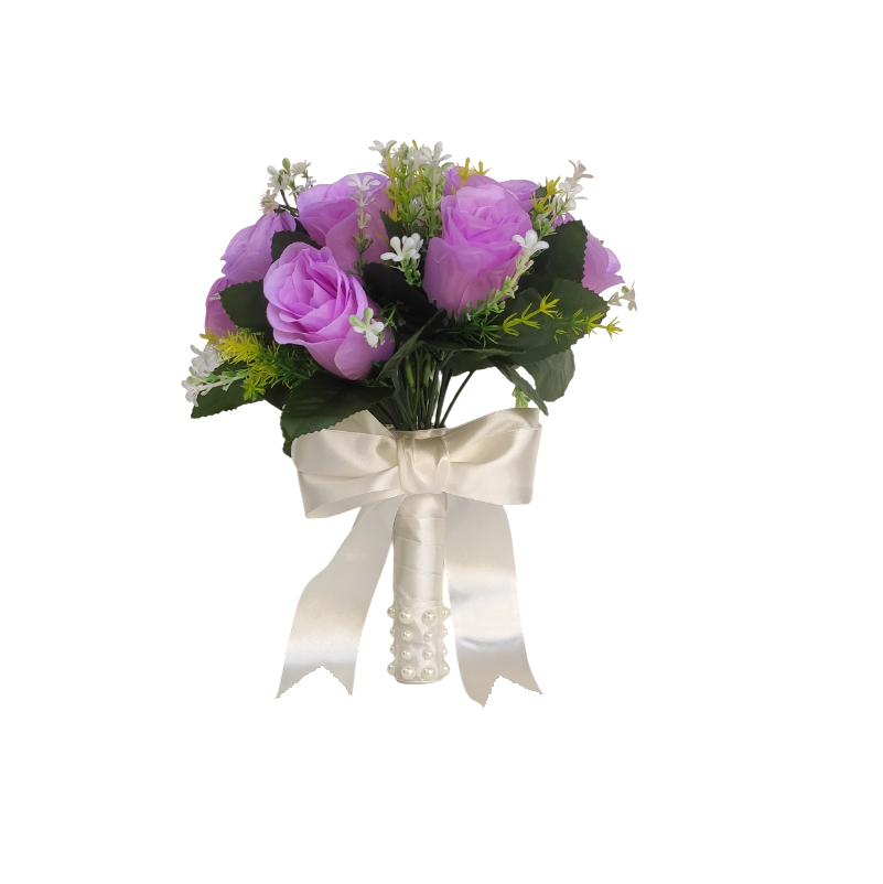 buque lilas bn116 - 2 Buquê de noiva médio rosas lilás permanentes realistas civil religioso