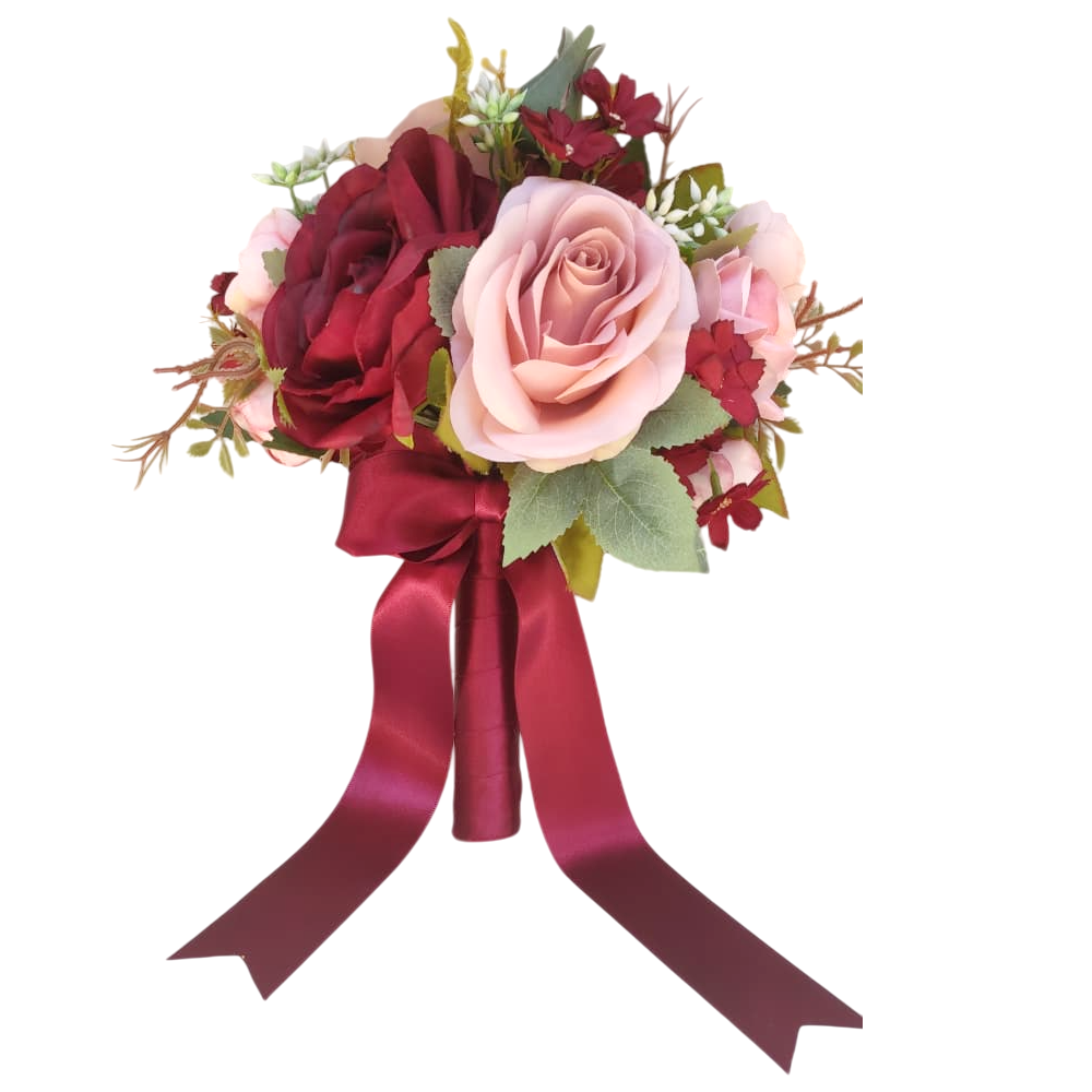 Buquê de noiva permanente redondo rosa e marsala realista