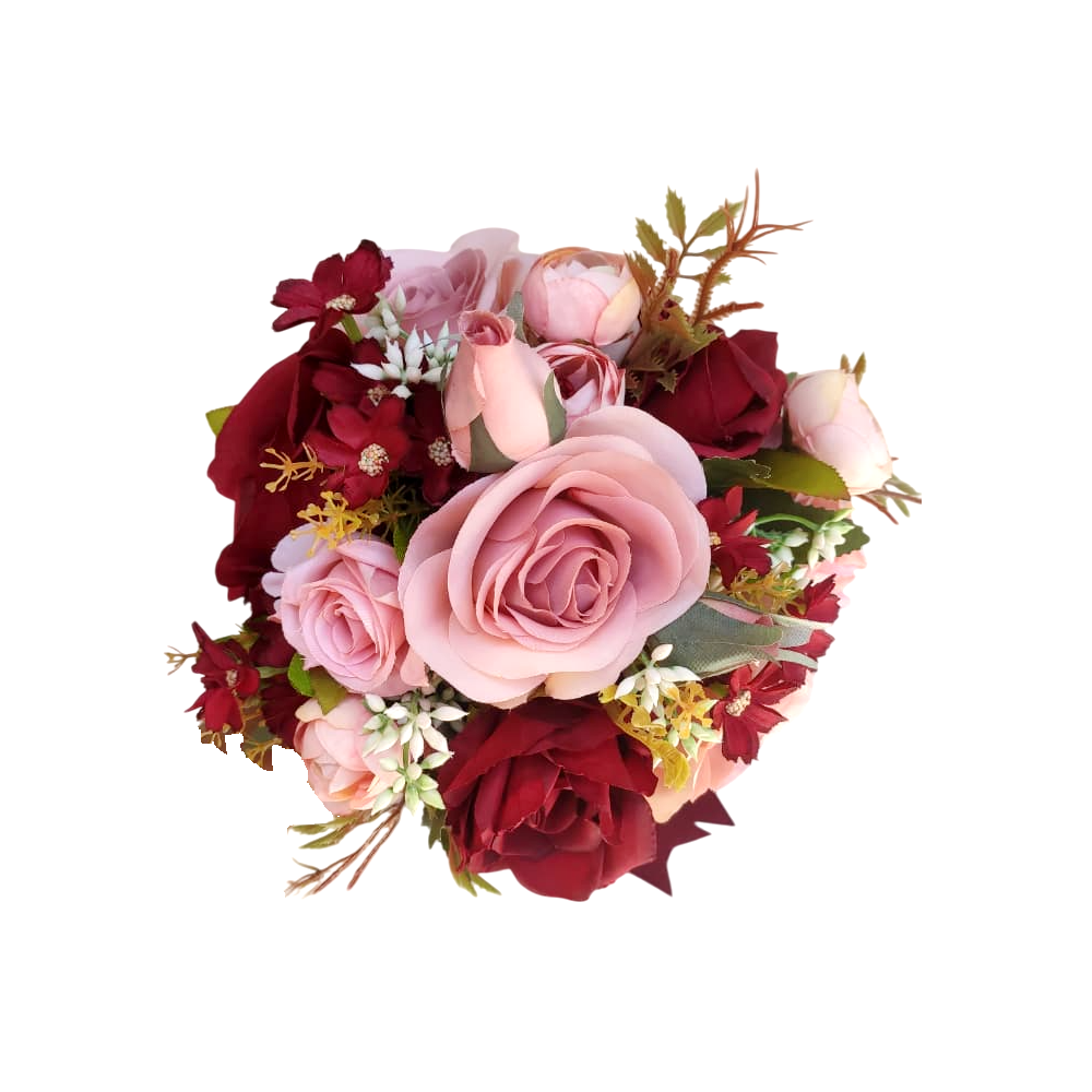 Buquê de noiva permanente redondo rosa e marsala realista