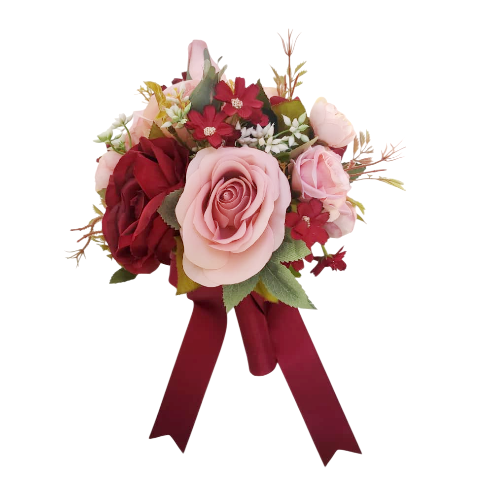 Buquê de noiva permanente redondo rosa e marsala realista