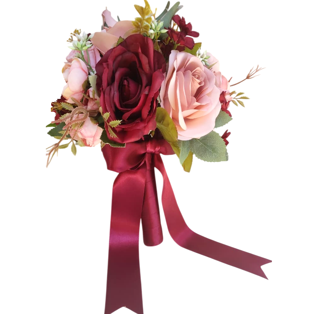 Buquê de noiva permanente redondo rosa e marsala realista