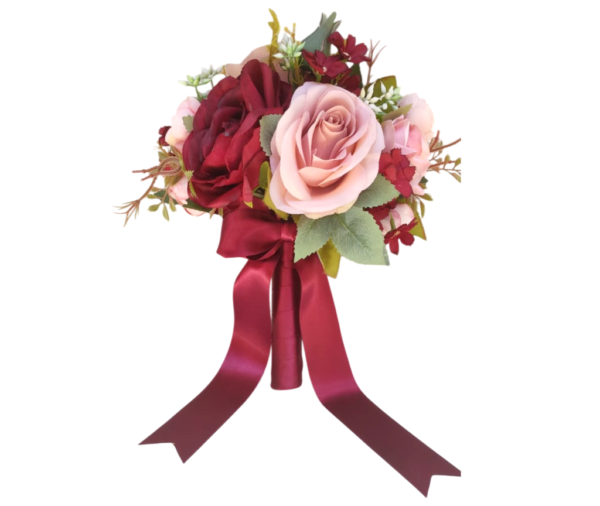Buquê de noiva permanente redondo rosa e marsala realista