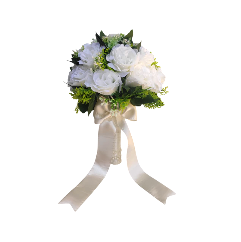 buque permanente tamanho g bn143 - 2 Buquê de noiva médio rosas brancas permanentes realistas civil religioso