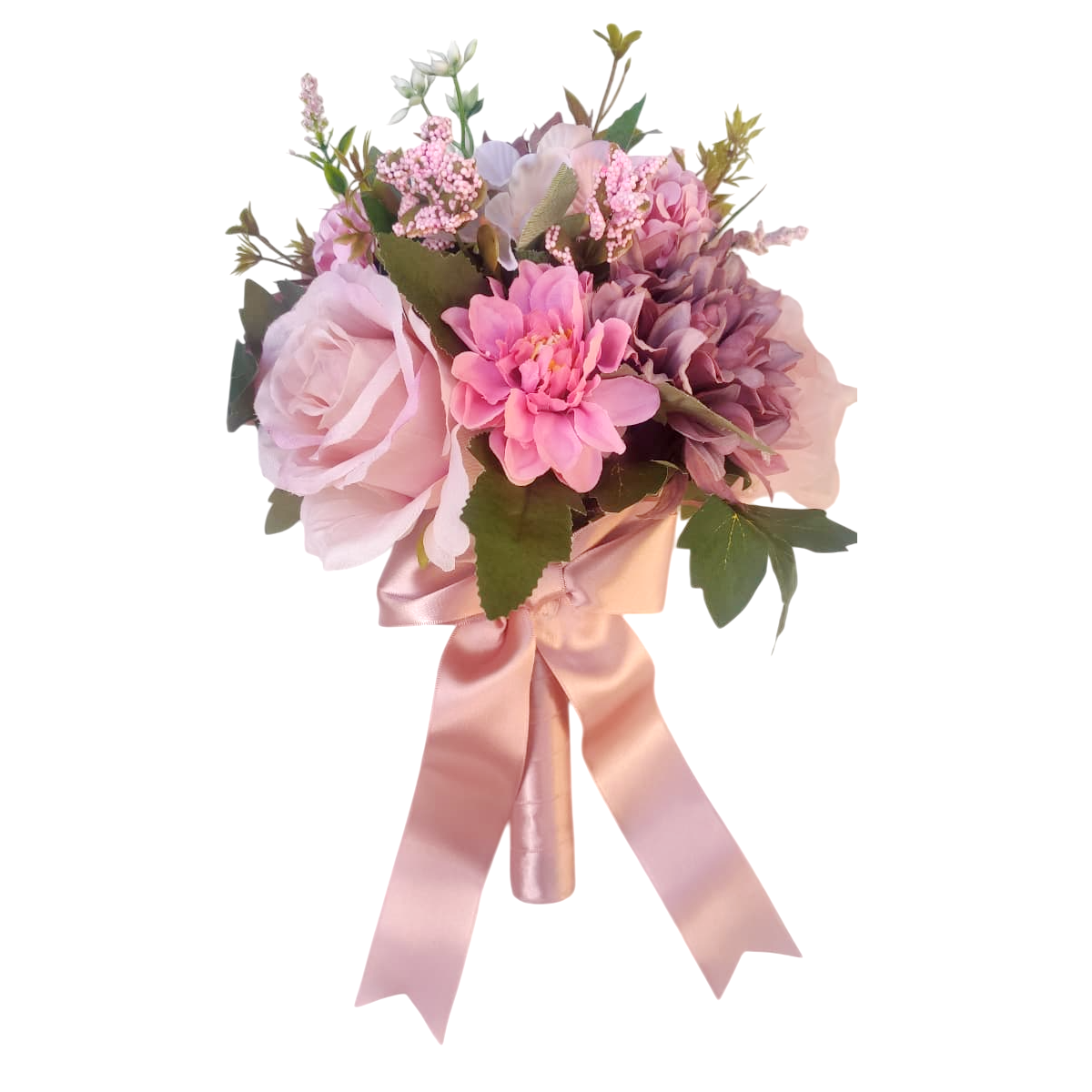 Buquê de noiva permanente de rosas rosa e flores roxas