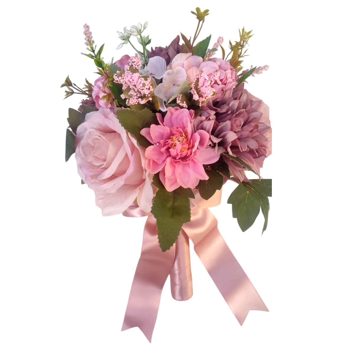 Buquê de noiva permanente de rosas rosa e flores roxas