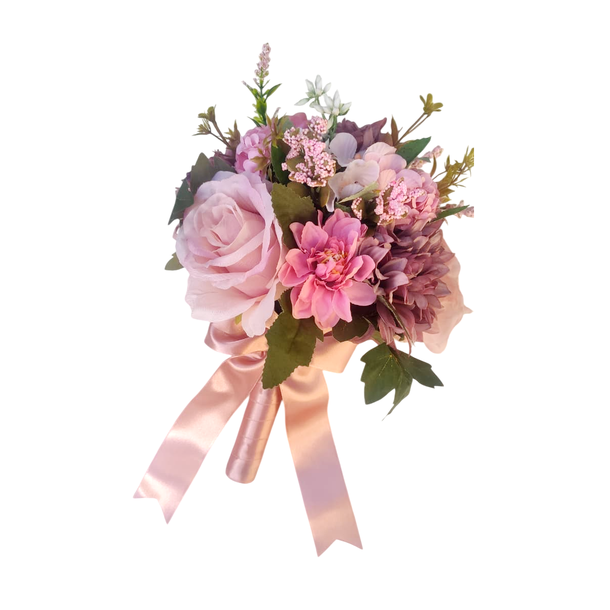 Buquê de noiva permanente de rosas rosa e flores roxas