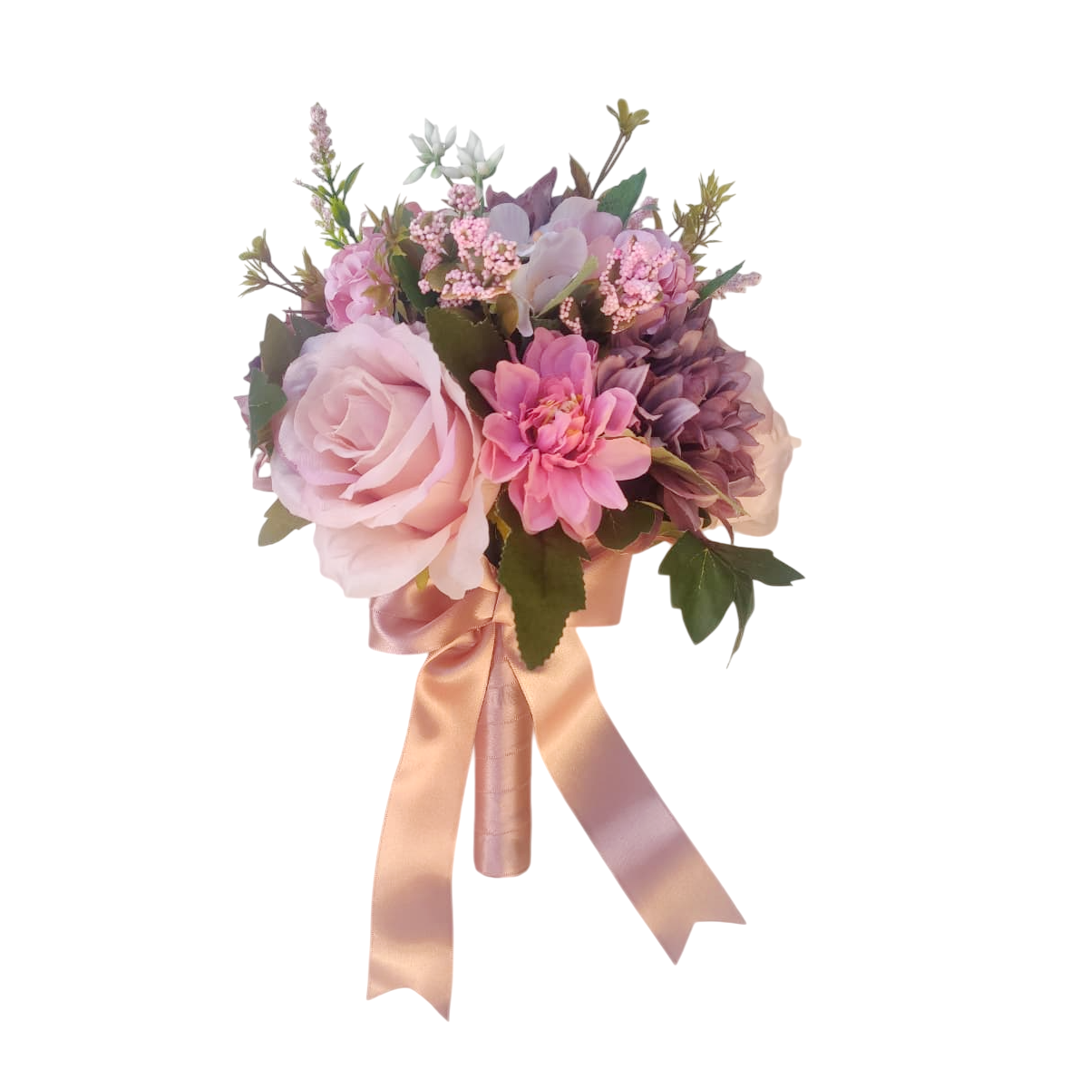 Buquê de noiva permanente de rosas rosa e flores roxas