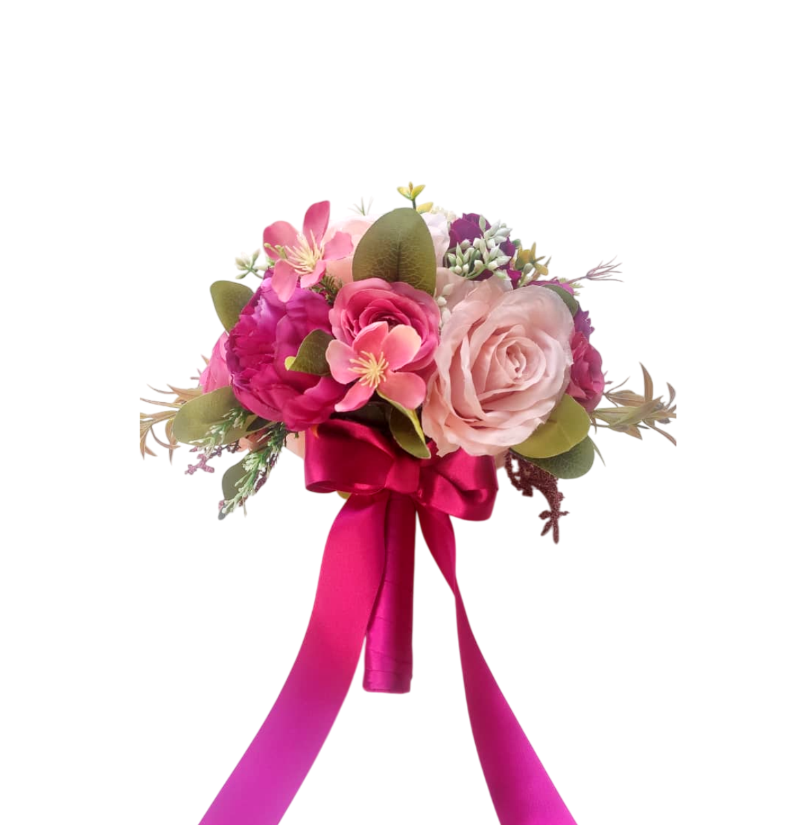 buque rosa fucsia bn152 - 1 Buquê de noiva romântico com peônias magenta e rosas claras de seda toque real