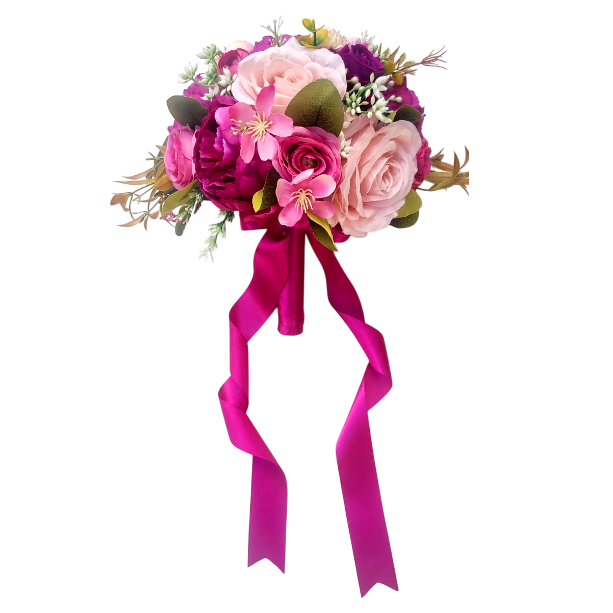 buque rosa fucsia bn152 - 3 Buquê de noiva romântico com peônias magenta e rosas claras de seda toque real