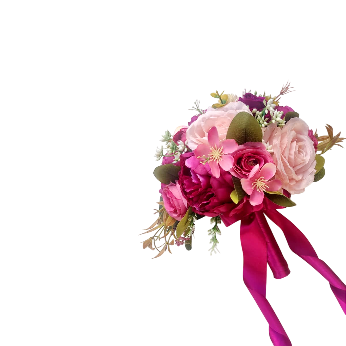 buque rosa fucsia bn152 - 4 Buquê de noiva romântico com peônias magenta e rosas claras de seda toque real