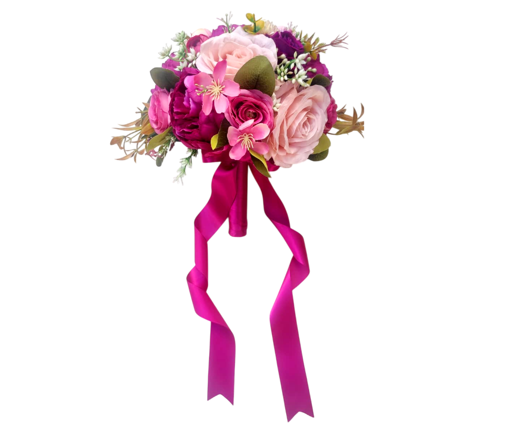 buque rosa fucsia bn152 - 6 Buquê de noiva romântico com peônias magenta e rosas claras de seda toque real