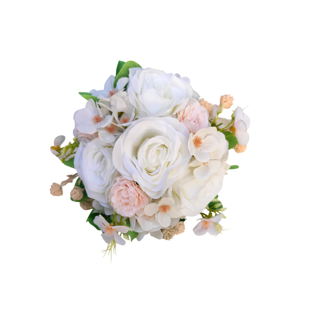 buque rosas brancas e detalhe rosa bn127 - 1 Buquê de noiva permanente rosas brancas cravinhos hortênsias bn127