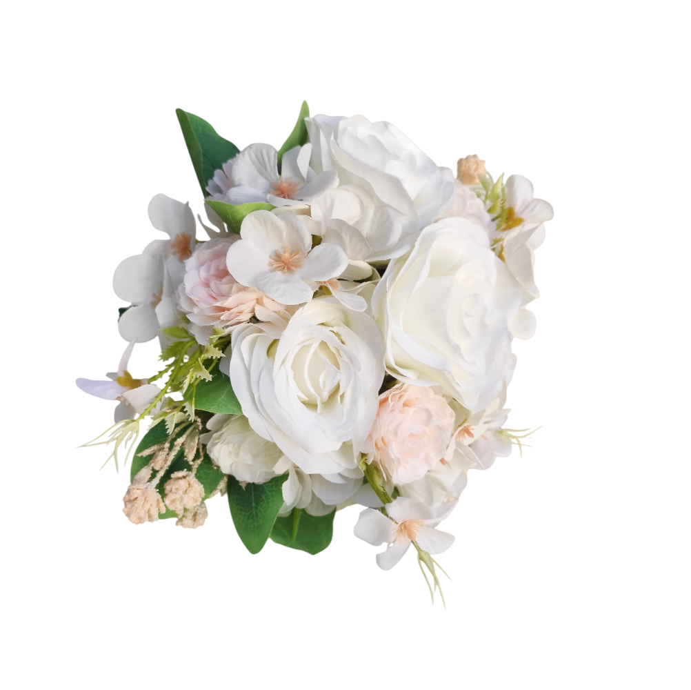 buque rosas brancas e detalhe rosa bn127 - 2 Buquê de noiva permanente rosas brancas cravinhos hortênsias bn127