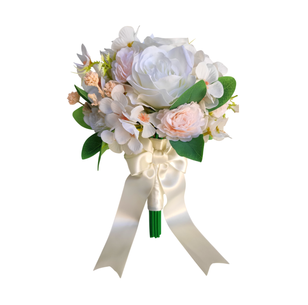 buque rosas brancas e detalhe rosa bn127 - 3 Buquê de noiva permanente rosas brancas cravinhos hortênsias bn127