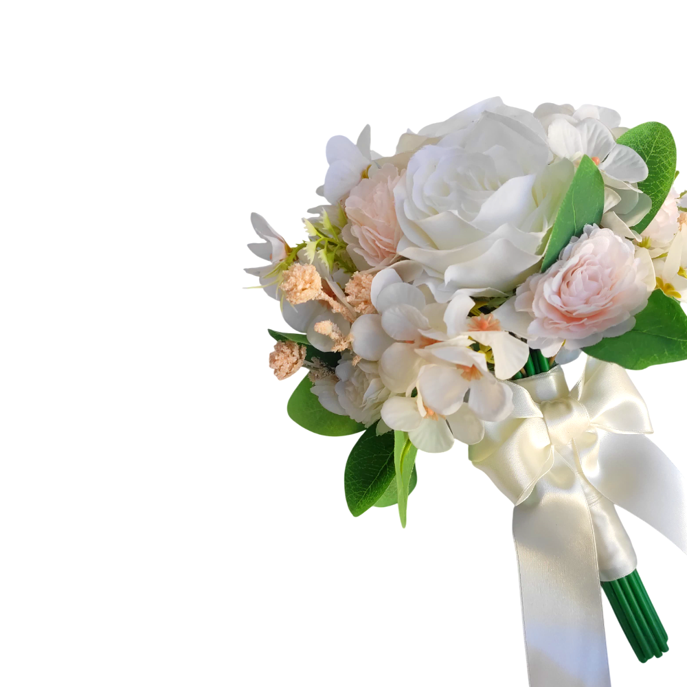 buque rosas brancas e detalhe rosa bn127 - 4 Buquê de noiva permanente rosas brancas cravinhos hortênsias bn127