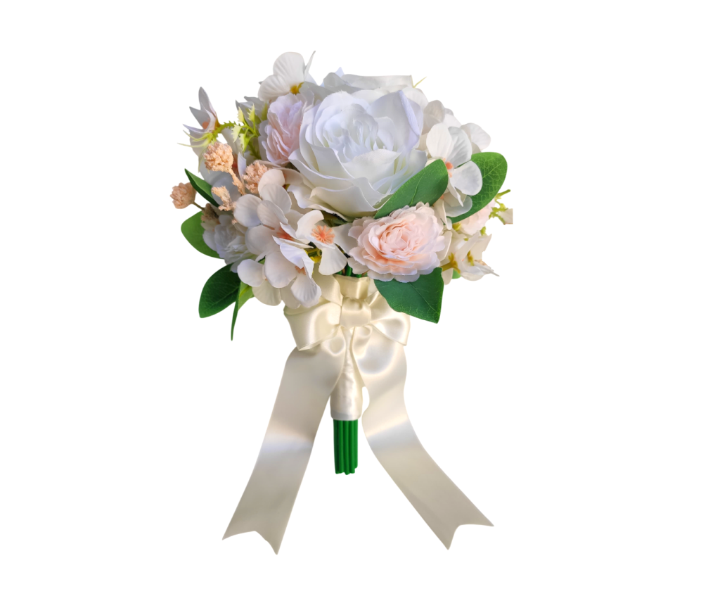 buque rosas brancas e detalhe rosa bn127 - capa Buquê de noiva permanente rosas brancas cravinhos hortênsias bn127