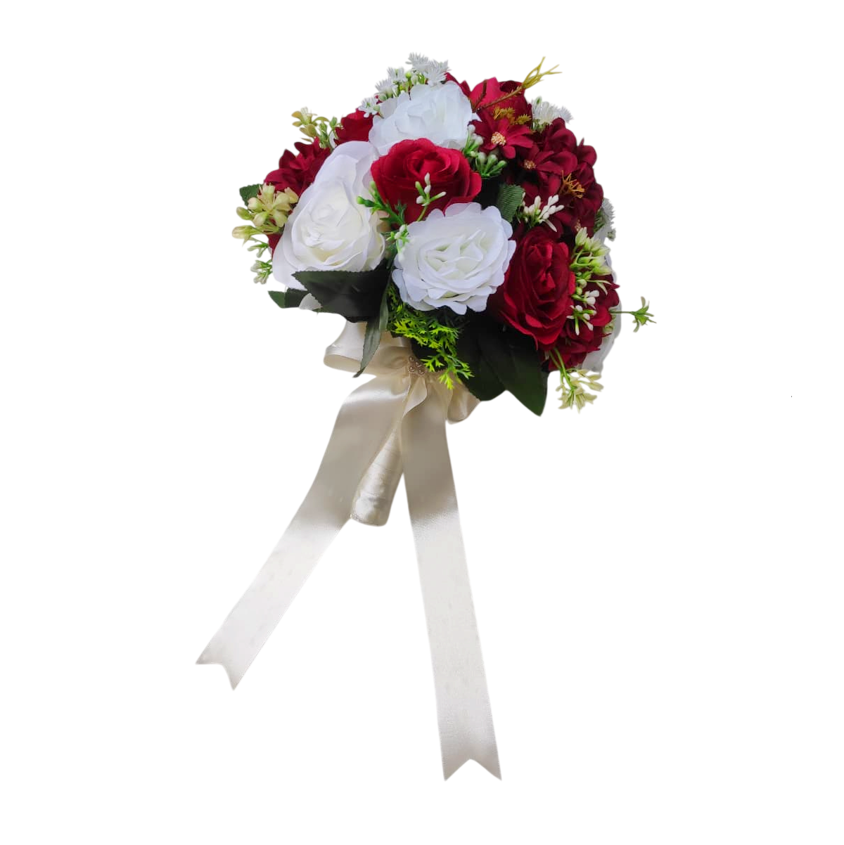 Buquê de noiva grande permanente rosas marsala e off-white