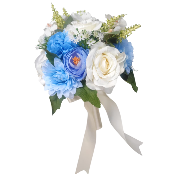 Buquê de noiva permanente de rosas off-white e tons de azul
