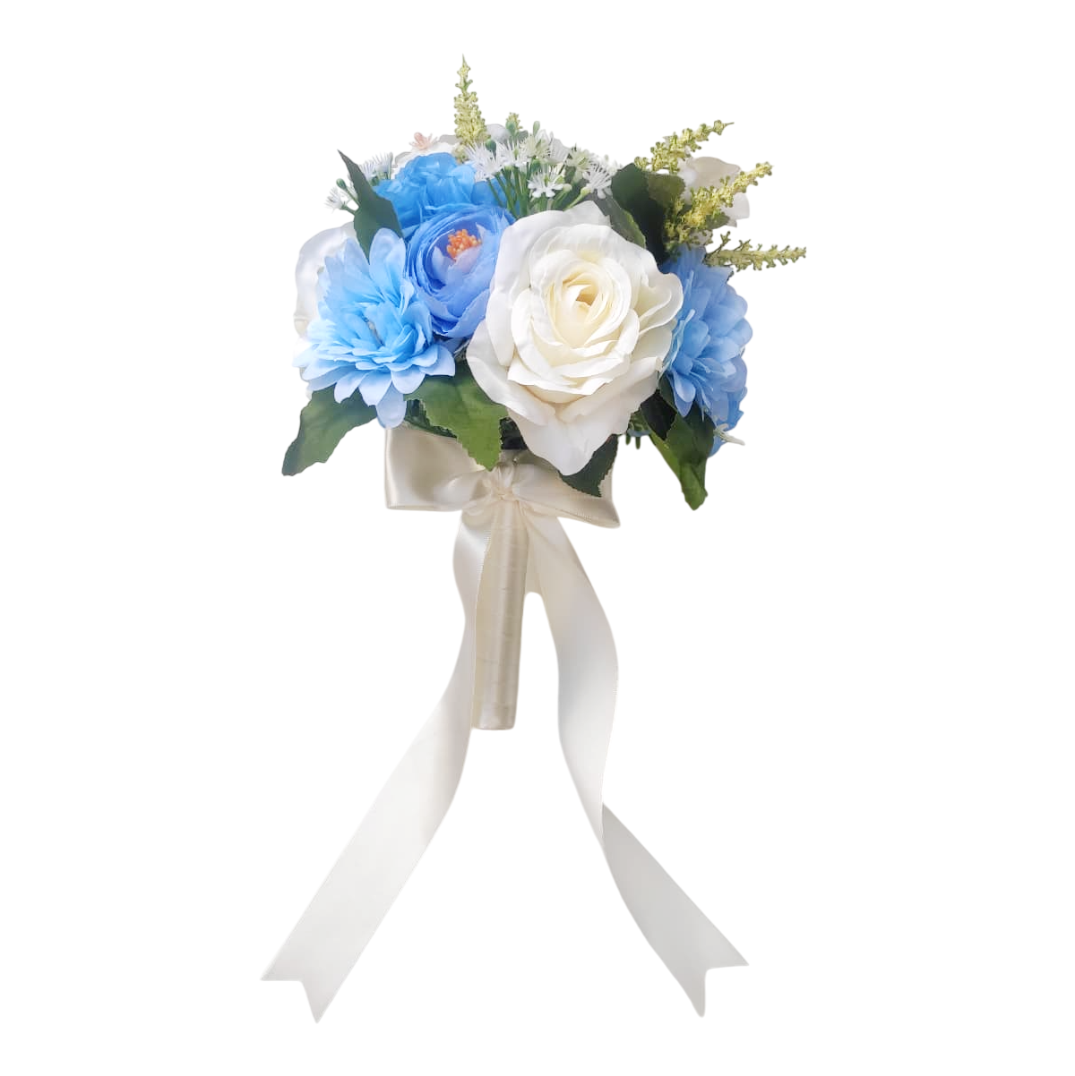 buquê tons de azul bn155 - ipanemashop (3) Buquê de noiva permanente de rosas off-white e tons de azul