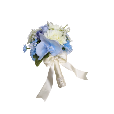 Buquê de Noiva Permanente Tons de Azul e Off-white Detalhe Orquídeas