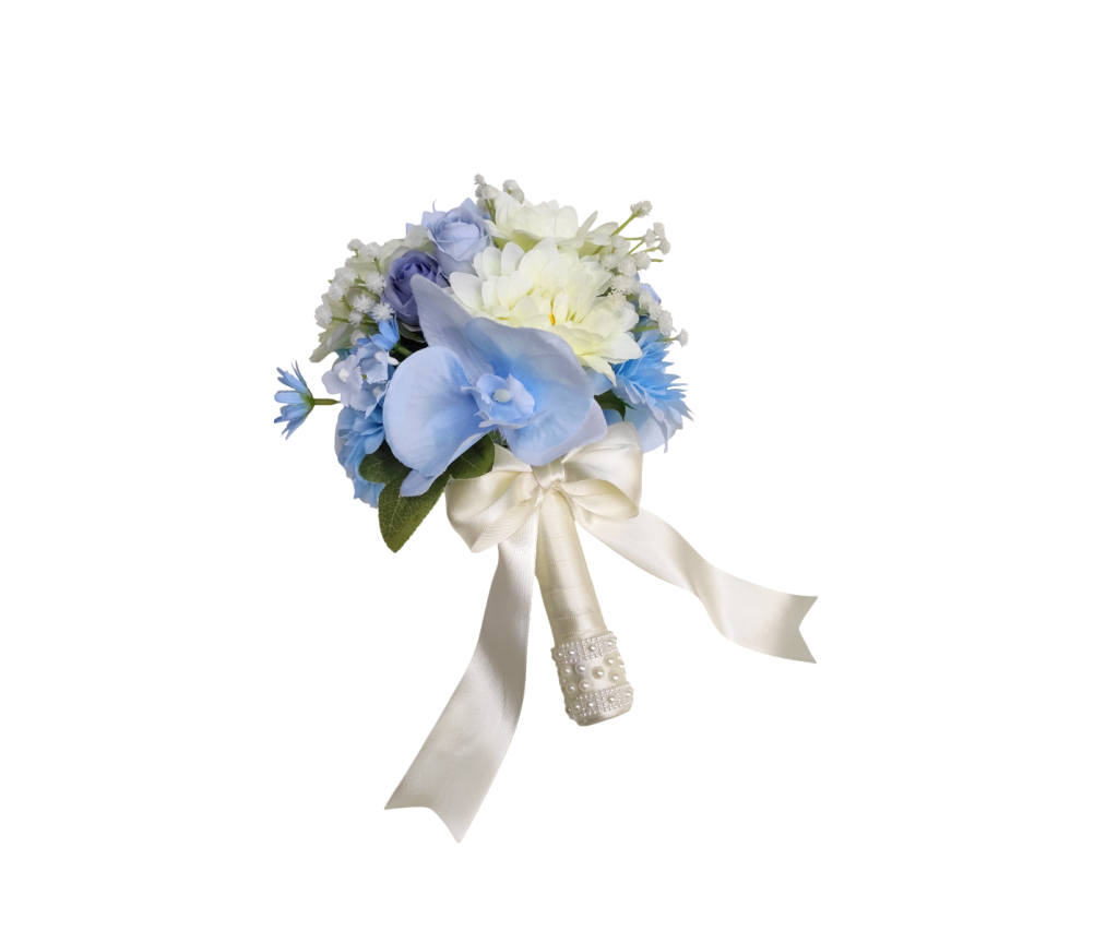 Buquê de noiva permanente com orquídea azul e flores off-white realista