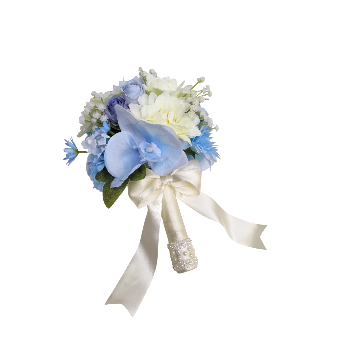 Buquê de noiva permanente com orquídea azul e flores off-white realista