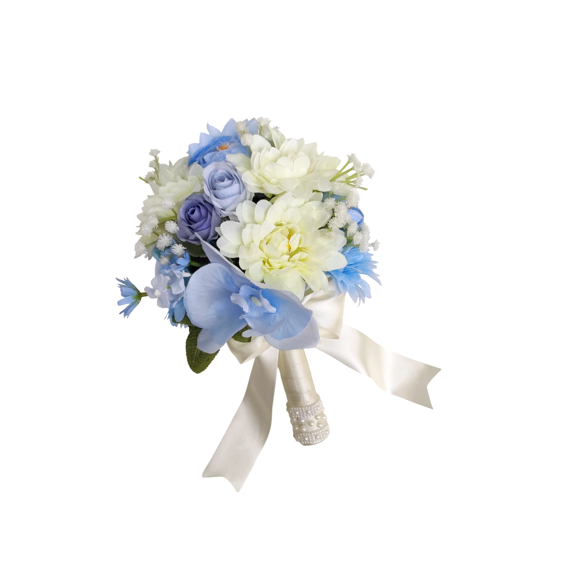 Buquê de noiva permanente com orquídea azul e flores off-white realista