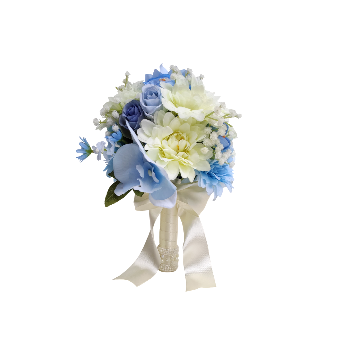 Buquê de noiva permanente com orquídea azul e flores off-white realista