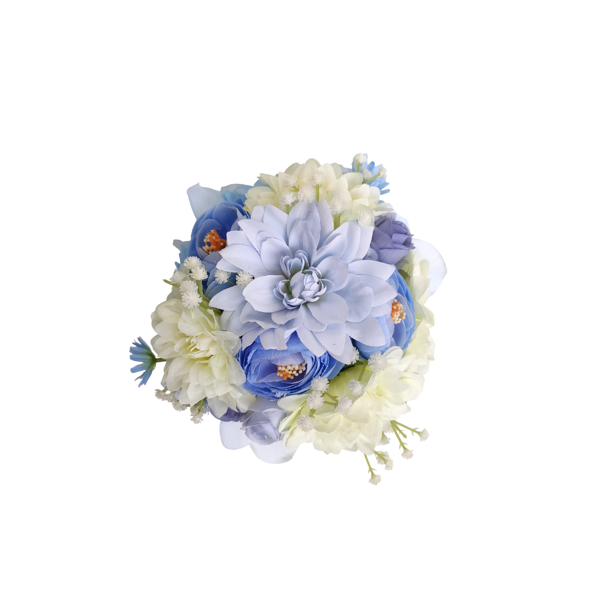 Buquê de noiva permanente com orquídea azul e flores off-white realista