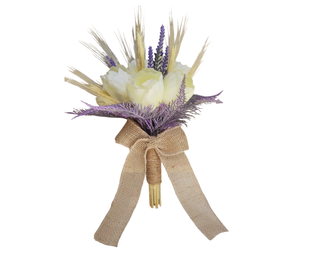 Buquê de noiva boho chic permanente tulipas trigo e lavanda