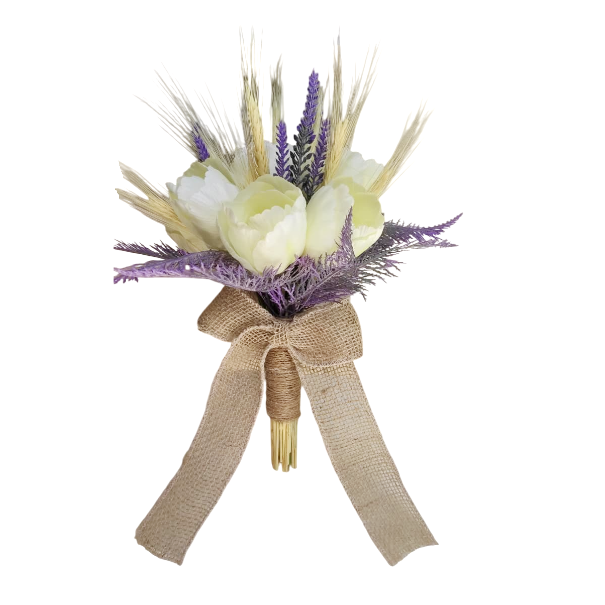 Buquê de noiva boho chic permanente tulipas trigo e lavanda
