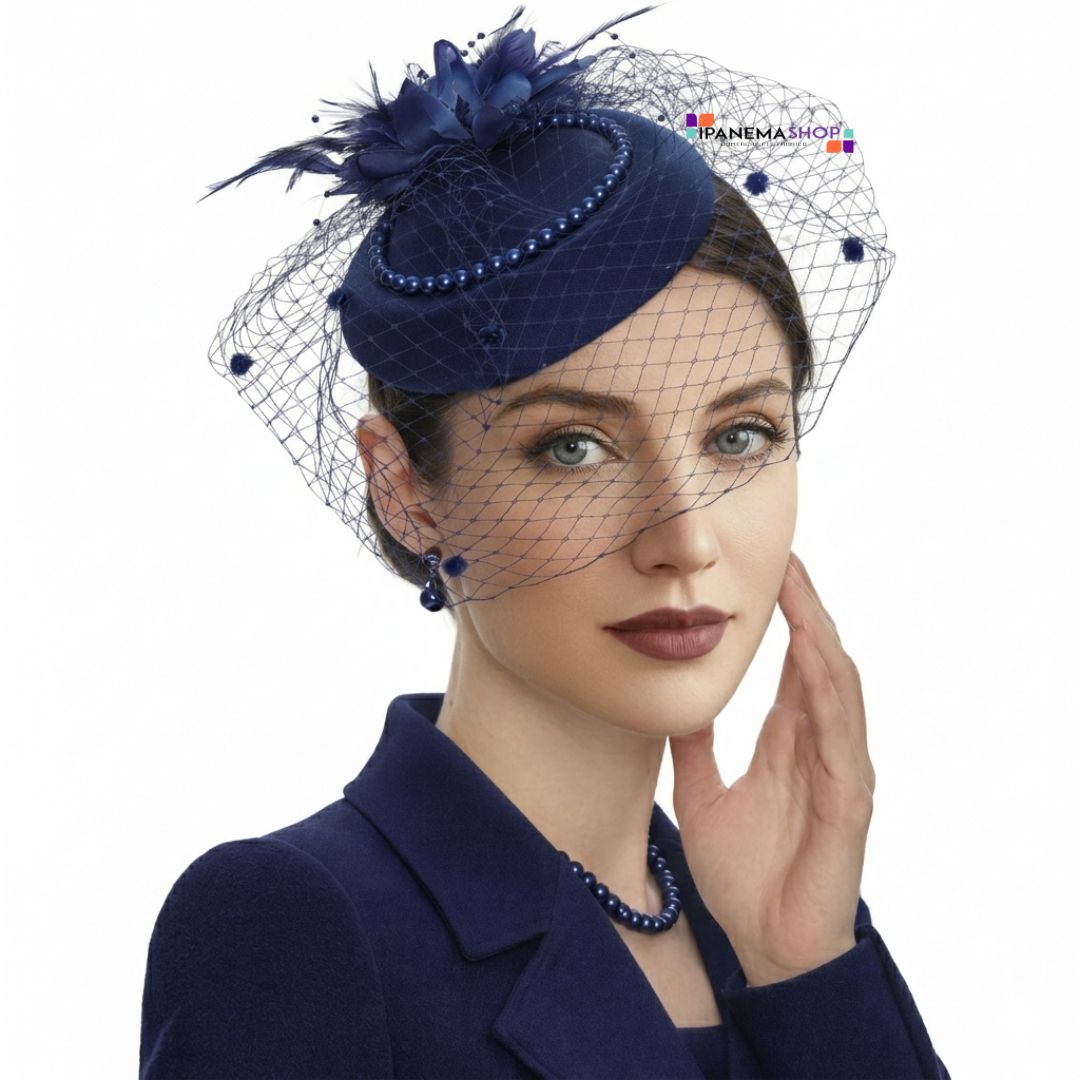 casquete com voilette azul detalhe pérolas elegante