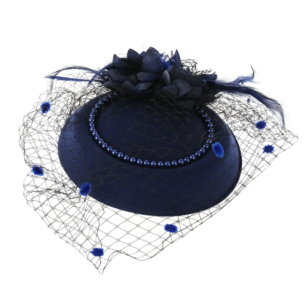 casquete com voilette azul detalhe pérolas elegante