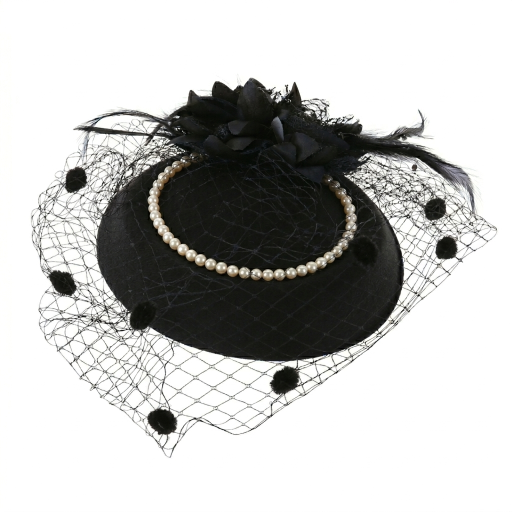 casquete com voilette preto detalhe pérolas elegante