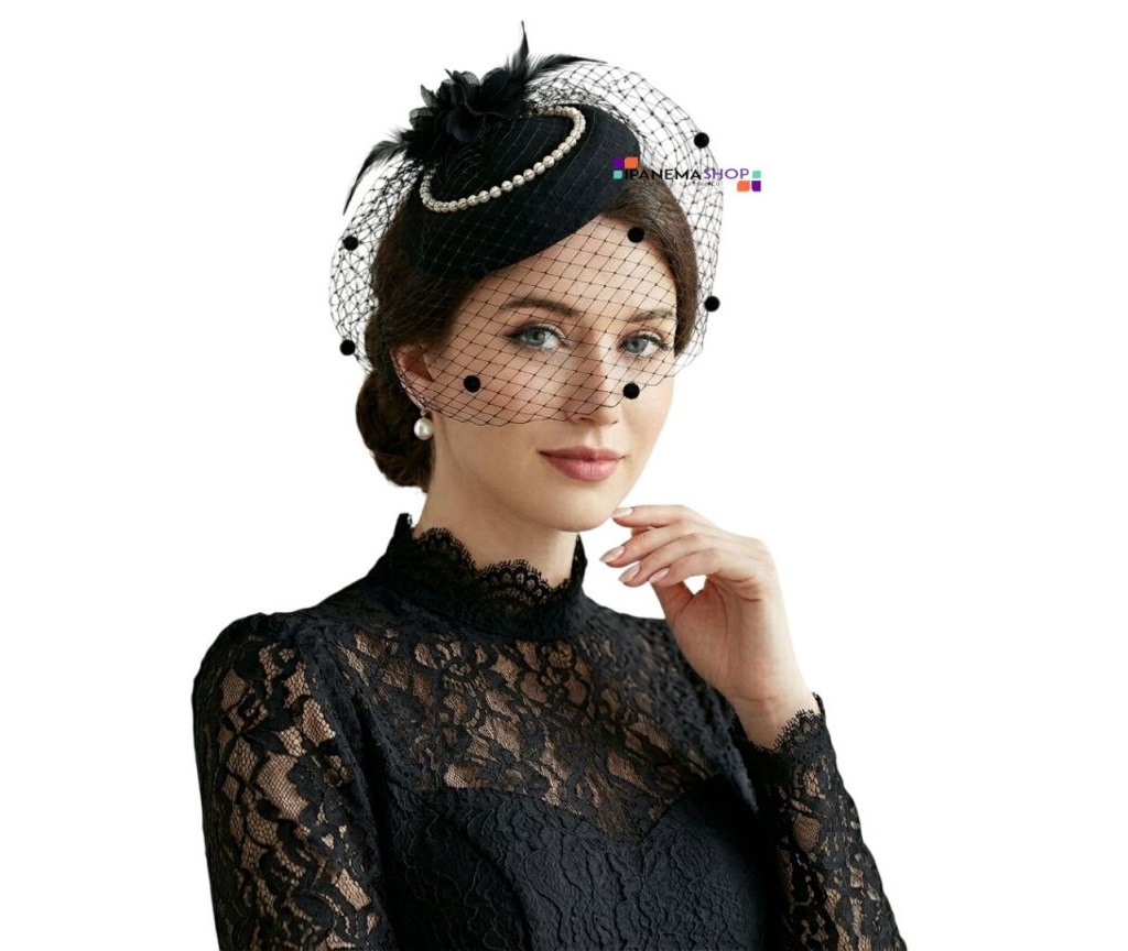casquete com voilette preto detalhe pérolas elegante