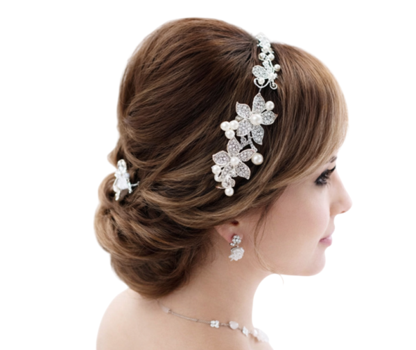 Arranjo de cabelo noiva flexível com pérolas e cristais em penteado