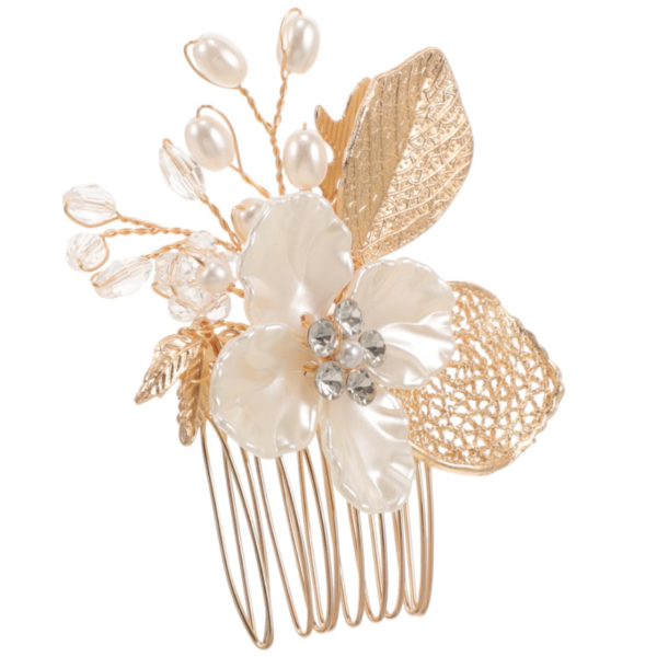 Pente de cabelo noiva com flor branca e folhas douradas luxo