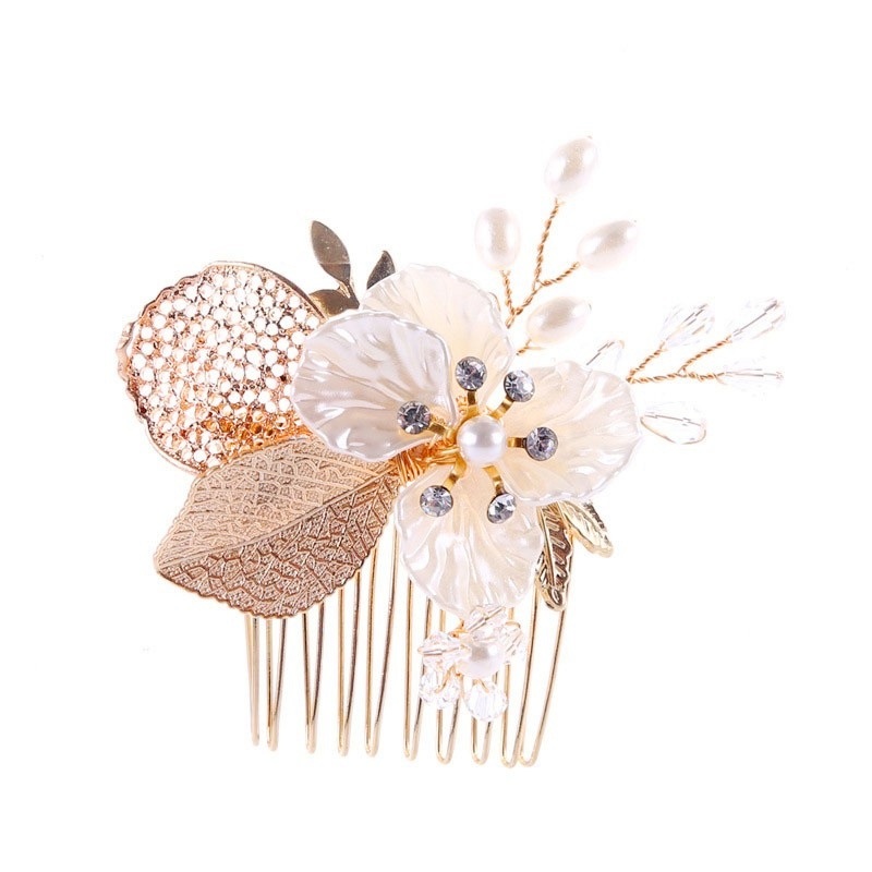 grinalda b367 (1) Pente de cabelo noiva com flor branca e folhas douradas luxo