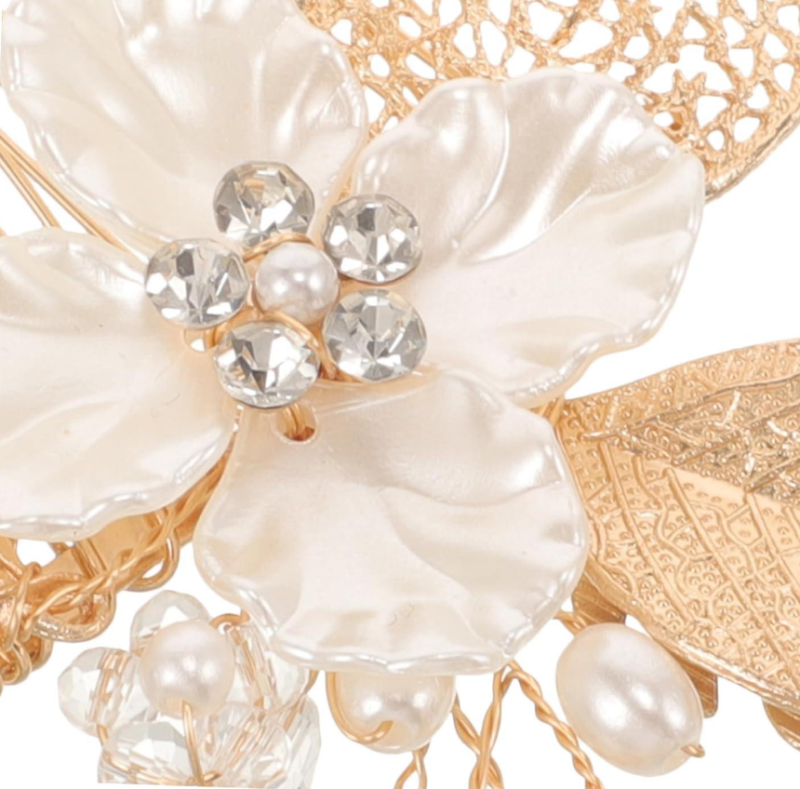 grinalda b367 (2) Pente de cabelo noiva com flor branca e folhas douradas luxo