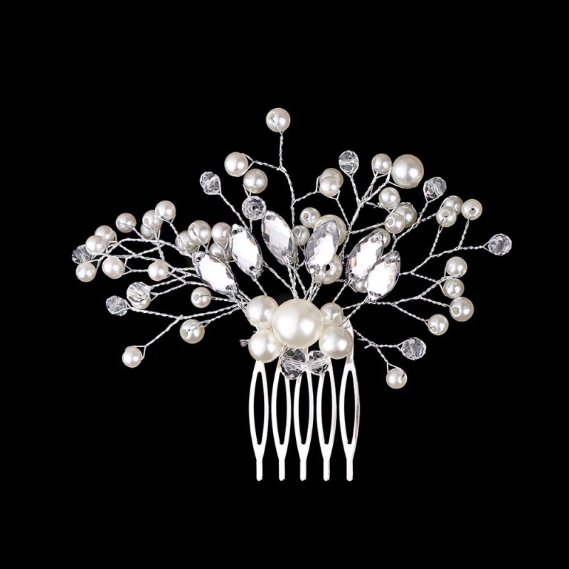 Pente de cabelo noiva luxo com pérolas e flores de cristal