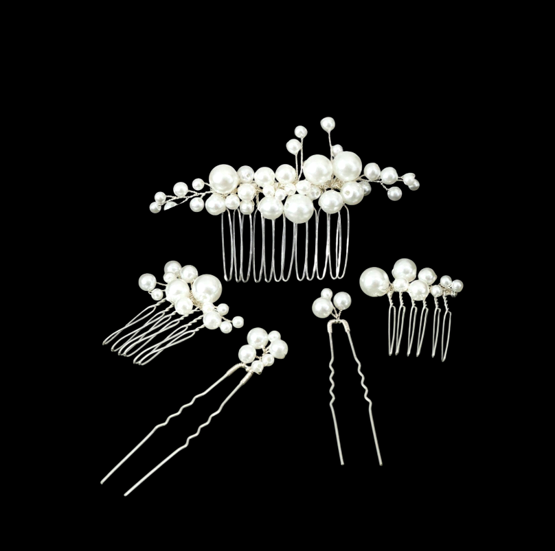 Pente de cabelo noiva luxo com pérolas e flores de cristal